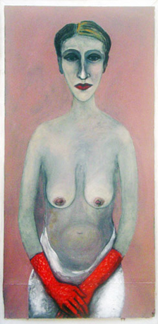 „Viola Blum mit roten Handschuhen” | 2002l auf Holz, 130 x 55 cm