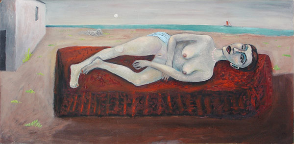 „Liegender Akt auf rotem Diwan” | 2003l auf Holz, 50 x 110 cm